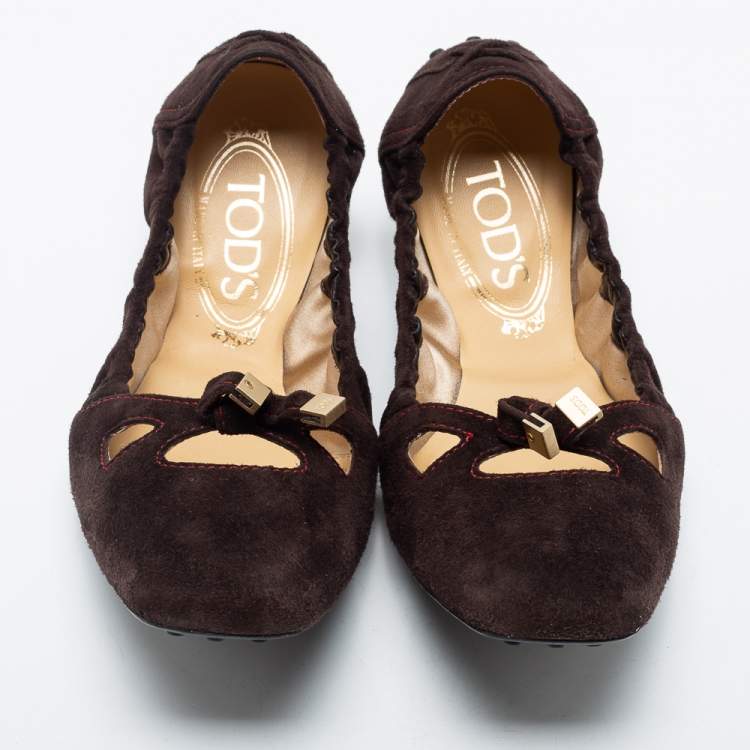 Pre Owned Tod's Brown Suede Scrunch Bow Ballet Flats Size 37.5