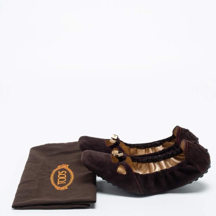 Pre Owned Tod's Brown Suede Scrunch Bow Ballet Flats Size 37.5