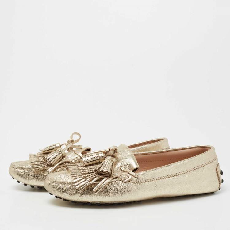 Pre Owned Tod's Gold Leather Tassel Bow And Fringe Driver Loafers Size 37.5