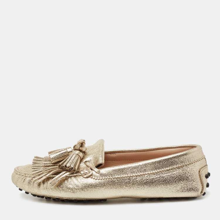 Pre Owned Tod's Gold Leather Tassel Bow And Fringe Driver Loafers Size 37.5