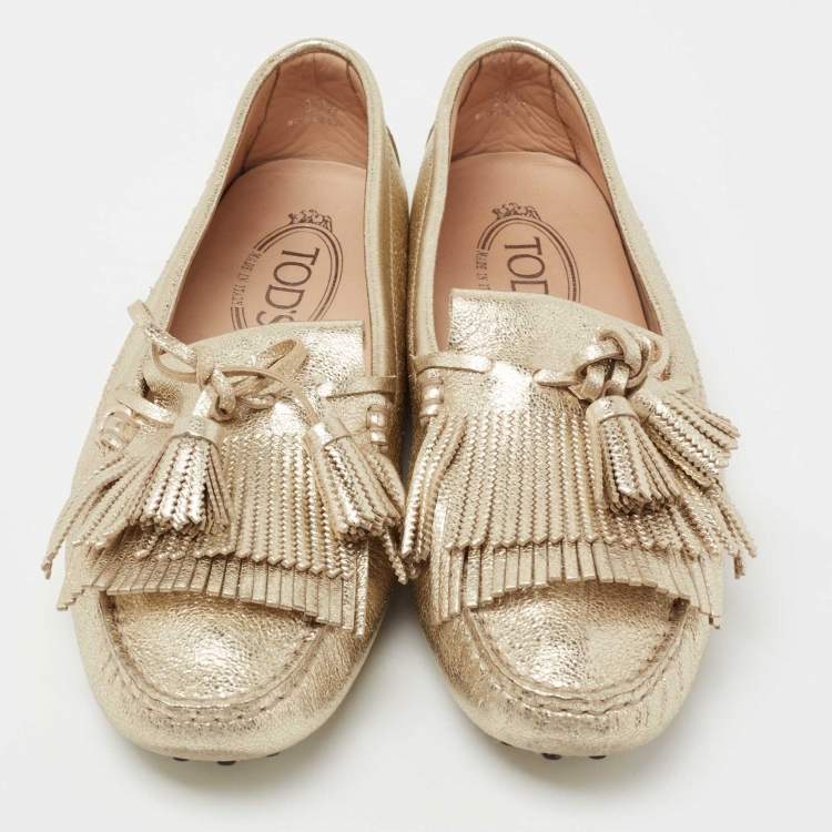 Pre Owned Tod's Gold Leather Tassel Bow And Fringe Driver Loafers Size 37.5