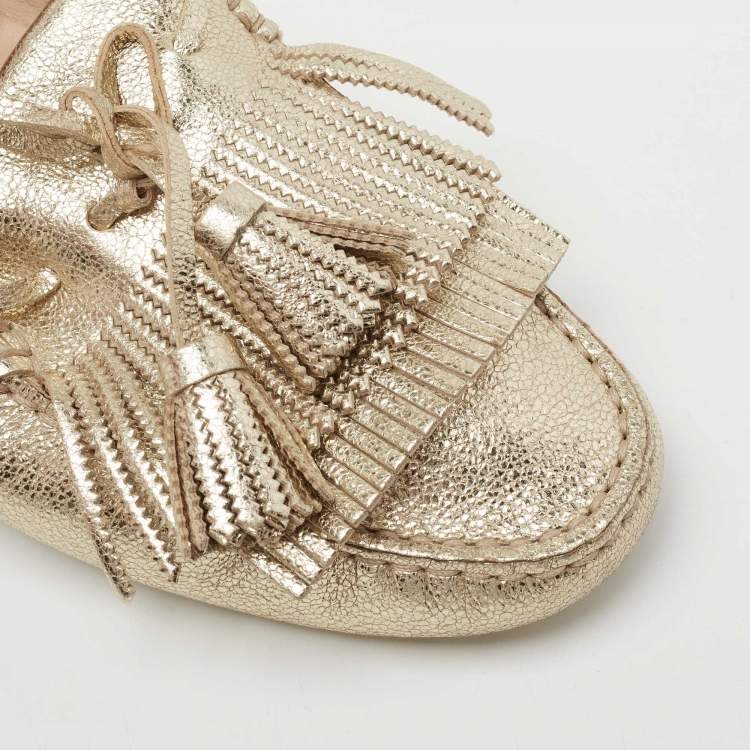 Pre Owned Tod's Gold Leather Tassel Bow And Fringe Driver Loafers Size 37.5