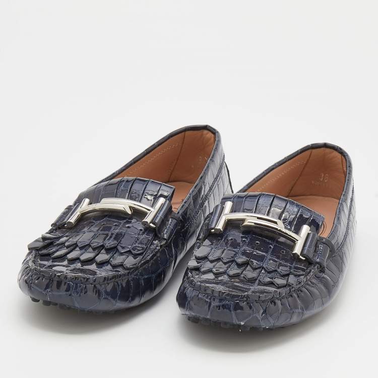 Pre Owned Tod's Oxford Blue Croc Embossed Patent Leather Double T Slip On Loafers Size 38