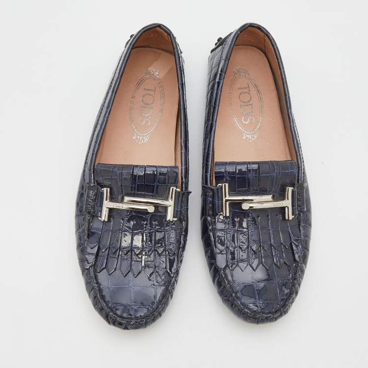 Pre Owned Tod's Oxford Blue Croc Embossed Patent Leather Double T Slip On Loafers Size 38