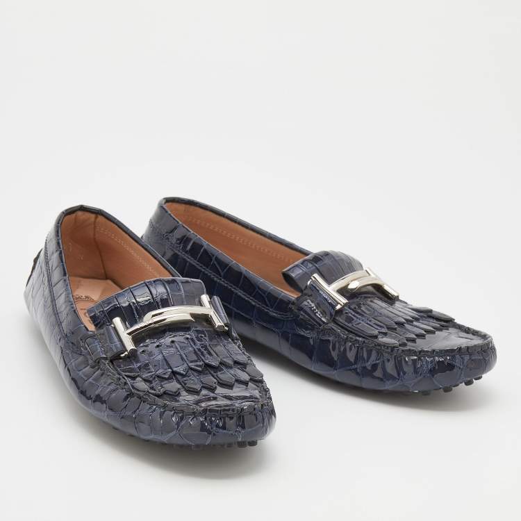 Pre Owned Tod's Oxford Blue Croc Embossed Patent Leather Double T Slip On Loafers Size 38