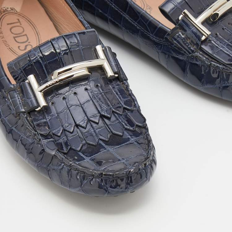 Pre Owned Tod's Oxford Blue Croc Embossed Patent Leather Double T Slip On Loafers Size 38