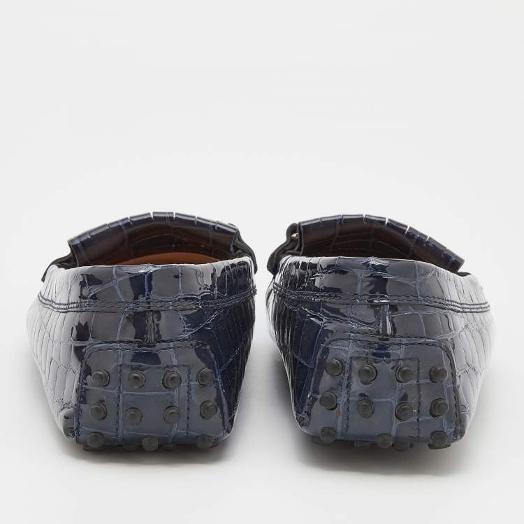 Pre Owned Tod's Oxford Blue Croc Embossed Patent Leather Double T Slip On Loafers Size 38