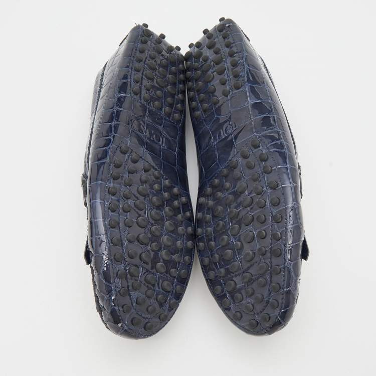Pre Owned Tod's Oxford Blue Croc Embossed Patent Leather Double T Slip On Loafers Size 38