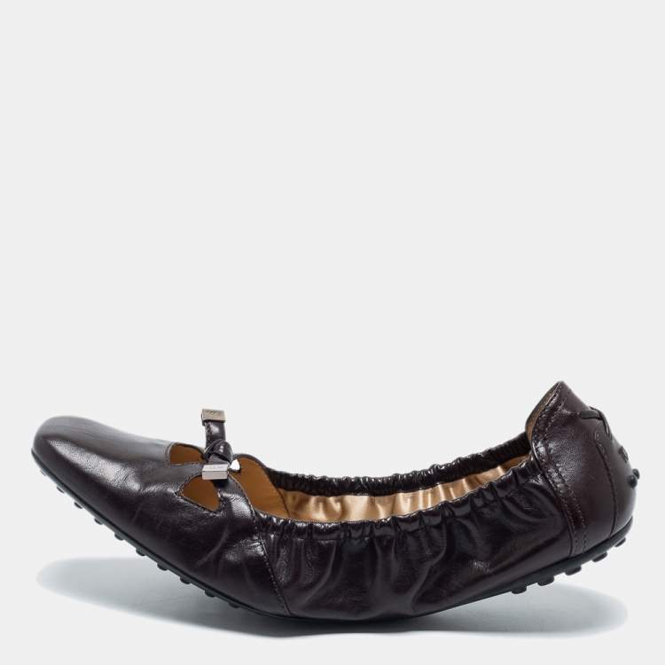 Pre Owned Tod's Brown Leather Scrunch Ballet Flats Size 41