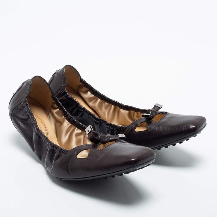 Pre Owned Tod's Brown Leather Scrunch Ballet Flats Size 41