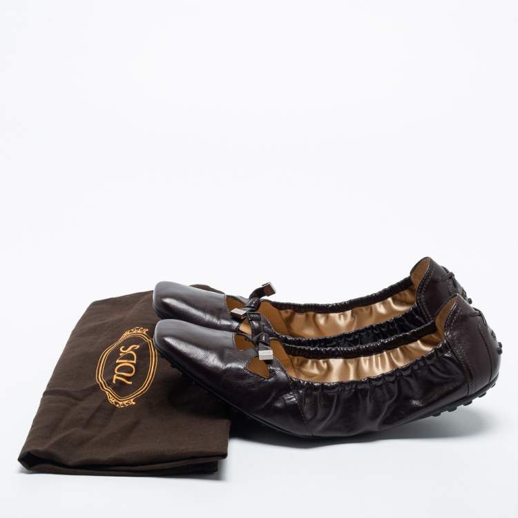 Pre Owned Tod's Brown Leather Scrunch Ballet Flats Size 41