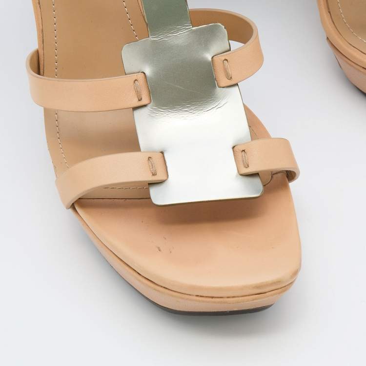 Pre Owned Tod's Beige/Silver Leather Platform Ankle Strap Sandals Size 39.5