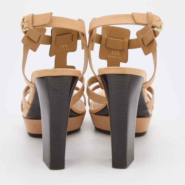 Pre Owned Tod's Beige/Silver Leather Platform Ankle Strap Sandals Size 39.5