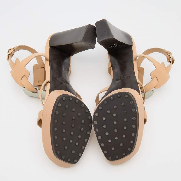 Pre Owned Tod's Beige/Silver Leather Platform Ankle Strap Sandals Size 39.5