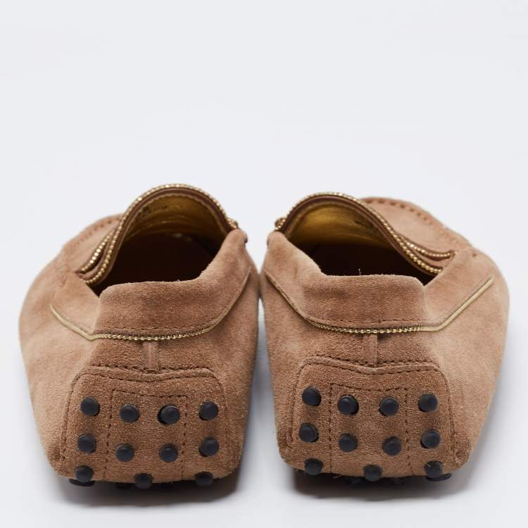 Pre Owned Tod's Brown Suede Chain Detail Penny Slip On Loafers Size 38