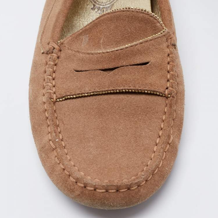 Pre Owned Tod's Brown Suede Chain Detail Penny Slip On Loafers Size 38