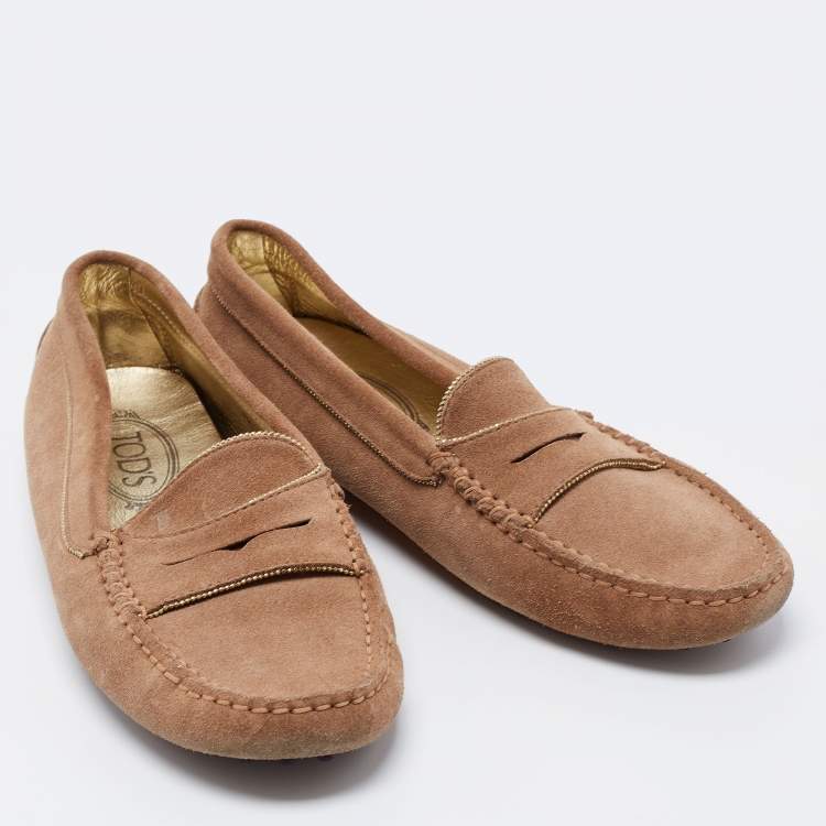 Pre Owned Tod's Brown Suede Chain Detail Penny Slip On Loafers Size 38