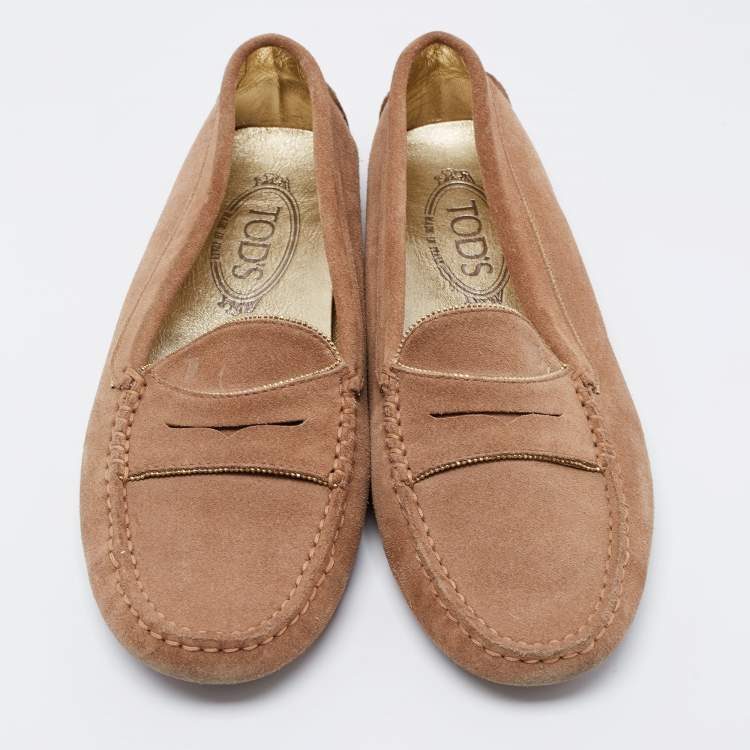 Pre Owned Tod's Brown Suede Chain Detail Penny Slip On Loafers Size 38