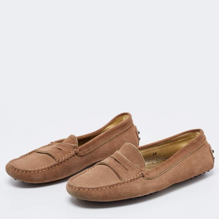 Pre Owned Tod's Brown Suede Chain Detail Penny Slip On Loafers Size 38
