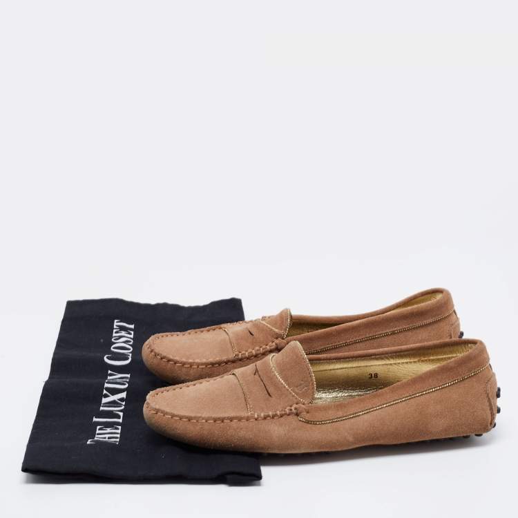 Pre Owned Tod's Brown Suede Chain Detail Penny Slip On Loafers Size 38