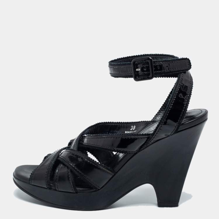 Pre Owned Tod's Black Patent Leather Strappy Platform Sandals Size 38