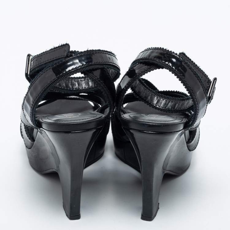 Pre Owned Tod's Black Patent Leather Strappy Platform Sandals Size 38