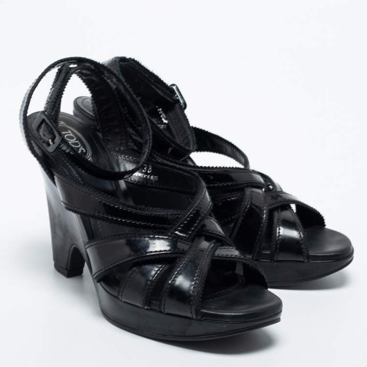 Pre Owned Tod's Black Patent Leather Strappy Platform Sandals Size 38