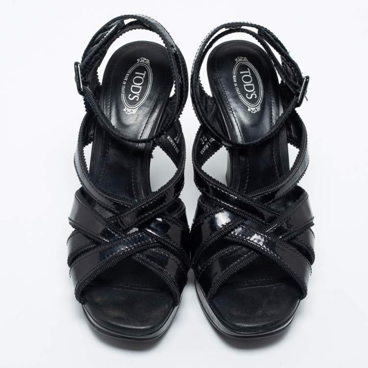 Pre Owned Tod's Black Patent Leather Strappy Platform Sandals Size 38