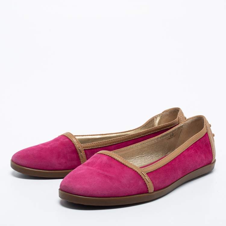 Pre Owned Tod's Pink/Brown Suede And Leather  Ballet Flats Size 40
