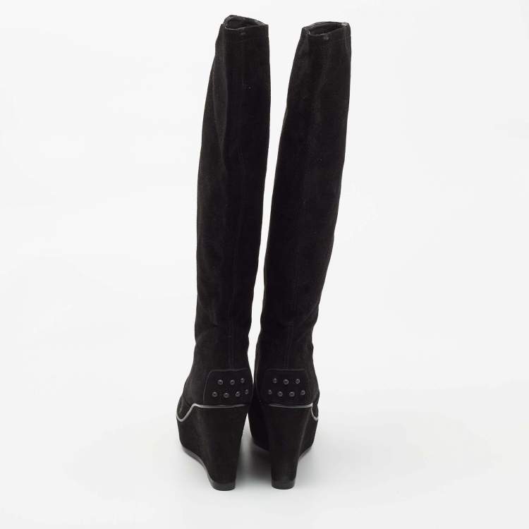 Pre Owned Tod's Black Velvet Zeppa Para Knee Length Boots Size 37