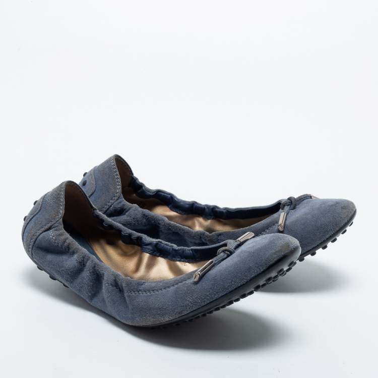 Pre Owned Tod's Blue Suede Bow Scrunch Ballet Flats Size 39