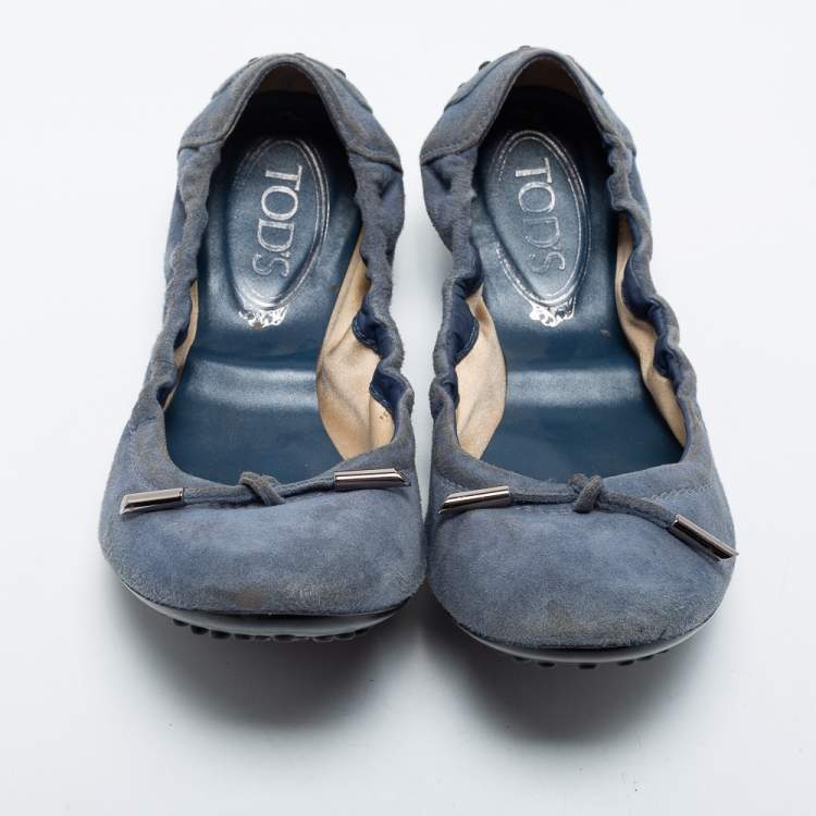 Pre Owned Tod's Blue Suede Bow Scrunch Ballet Flats Size 39