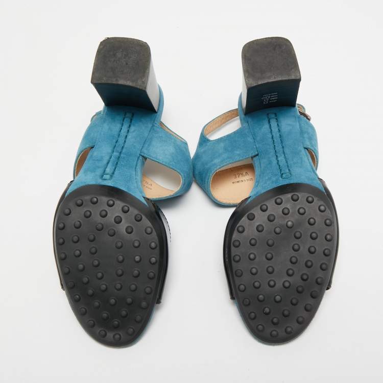 Pre Owned Tod's Black/Blue Suede and Leather Ankle Strap Sandals Size 37.5