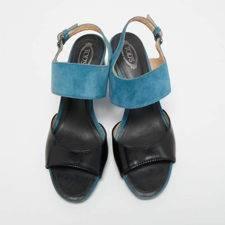 Pre Owned Tod's Black/Blue Suede and Leather Ankle Strap Sandals Size 37.5