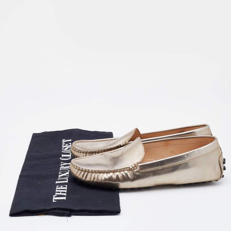 Pre Owned Tod's Light Gold Patent Leather Gommini Slip On Loafers Size 35