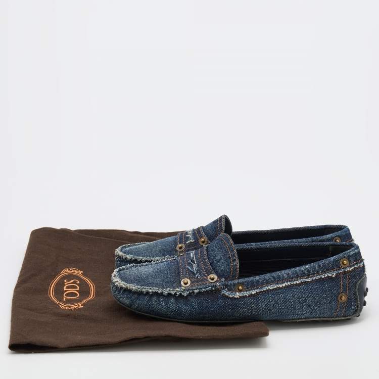 مملوكة مسبقًا Tod's Navy Blue Denim Gommini Slip On Loafers Size 35