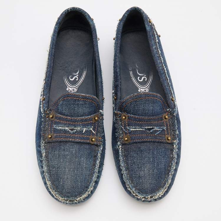 مملوكة مسبقًا Tod's Navy Blue Denim Gommini Slip On Loafers Size 35
