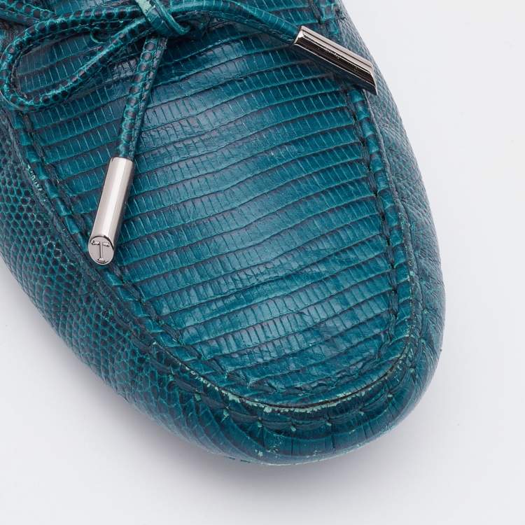 Pre Owned Tod's Teal Blue Lizard Embossed Leather Bow Slip On Loafers Size 37.5