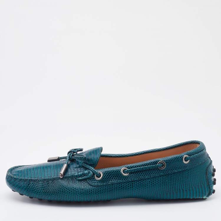 Pre Owned Tod's Teal Blue Lizard Embossed Leather Bow Slip On Loafers Size 37.5