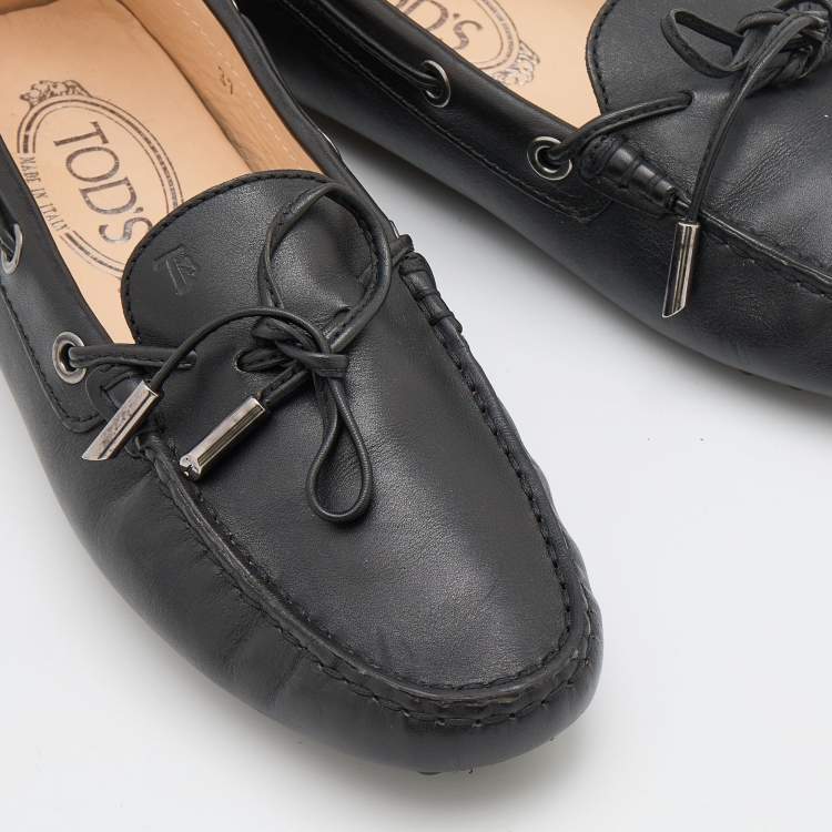 Pre Owned Tod's Black Leather Bow Slip On Loafers Size 37