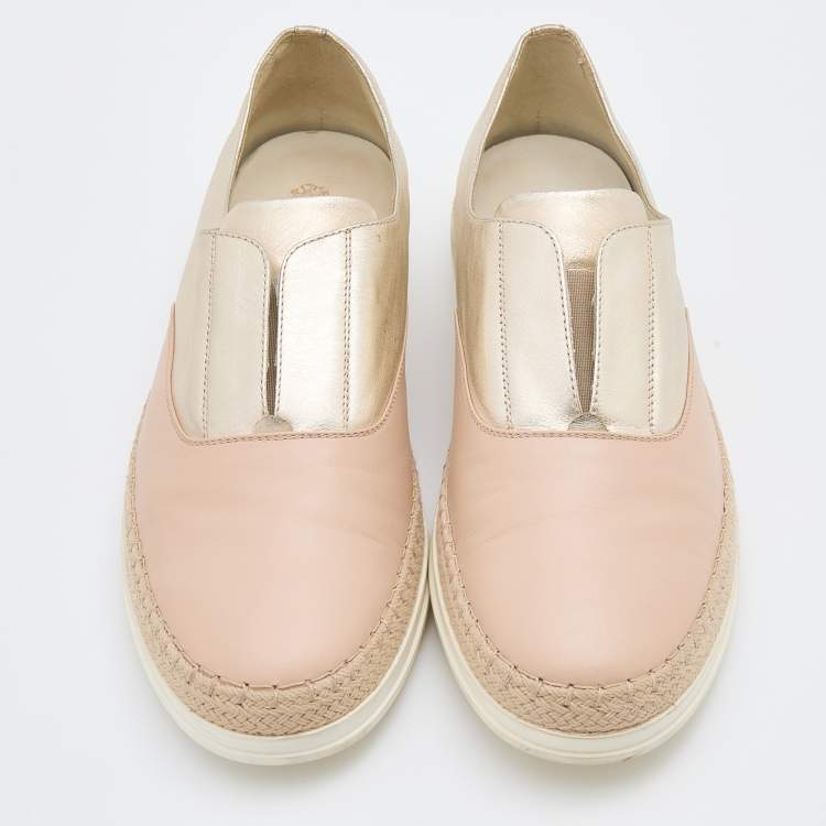 Pre Owned Tod's Cream/Gold Leather Francesina Espadrille Slip On Sneakers Size 40