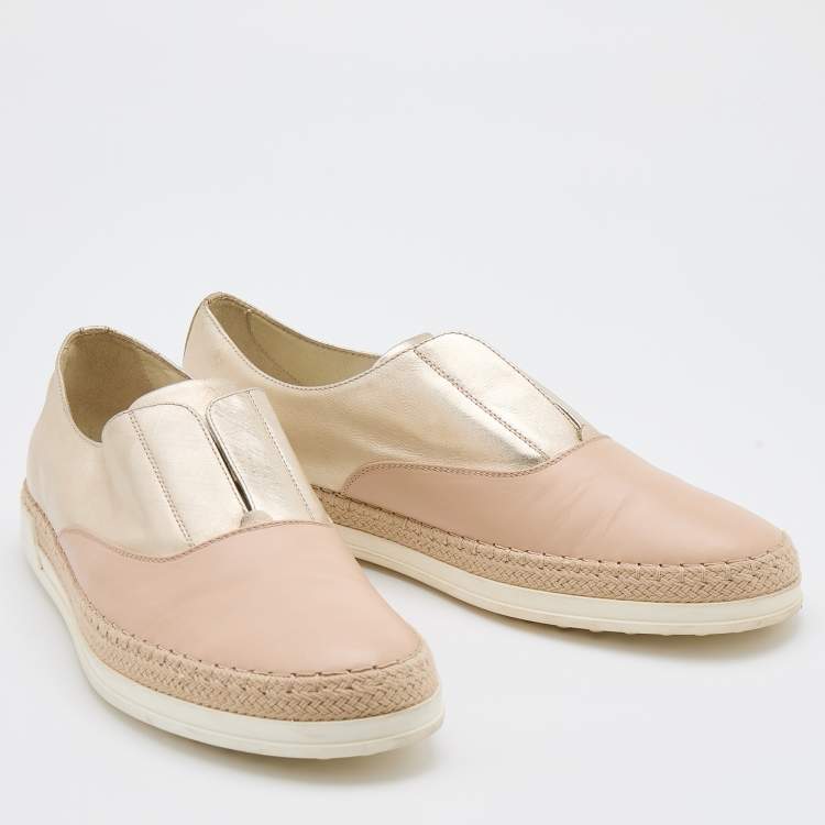 Pre Owned Tod's Cream/Gold Leather Francesina Espadrille Slip On Sneakers Size 40