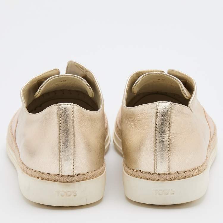 Pre Owned Tod's Cream/Gold Leather Francesina Espadrille Slip On Sneakers Size 40