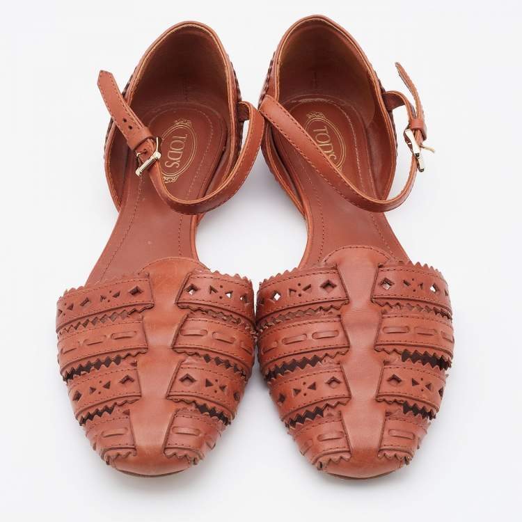 Pre Owned Tod's Brown Cutout Leather Ankle Strap Flats Size 37.5