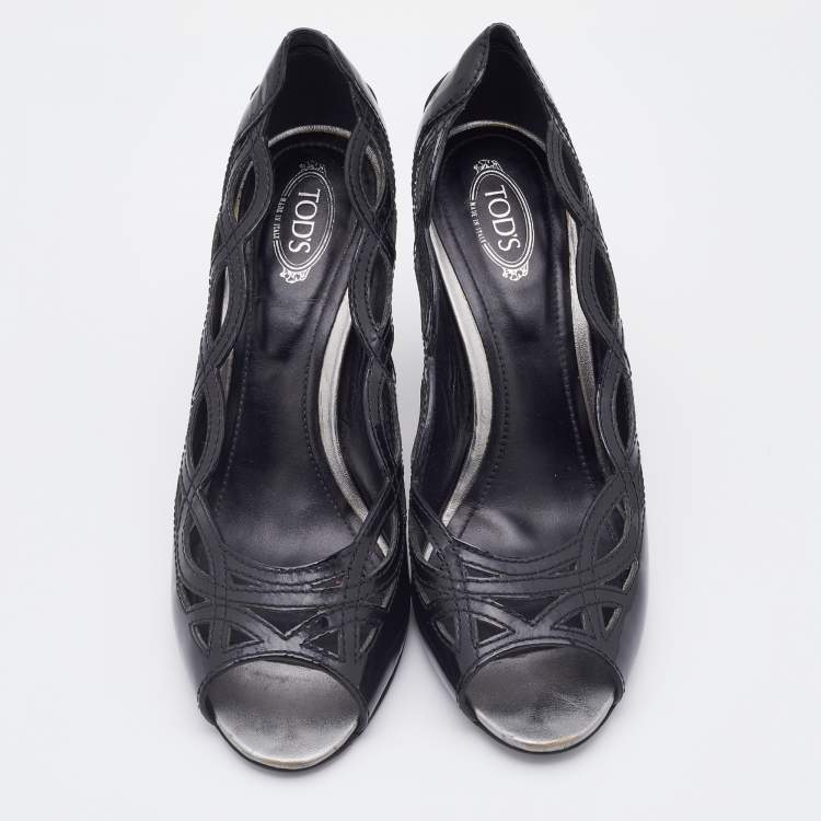 Pre Owned Tod's Black Patent Leather Cut-Out Peep Toe Pumps Size 38.5