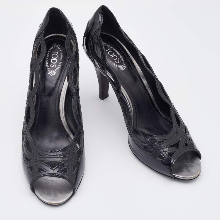 Pre Owned Tod's Black Patent Leather Cut-Out Peep Toe Pumps Size 38.5