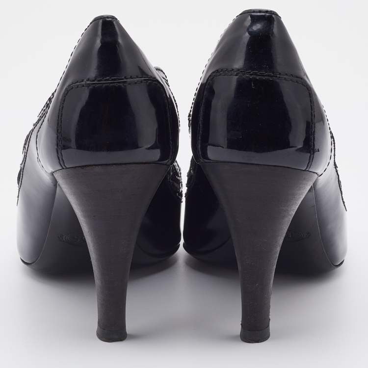 Pre Owned Tod's Black Patent Leather Cut-Out Peep Toe Pumps Size 38.5