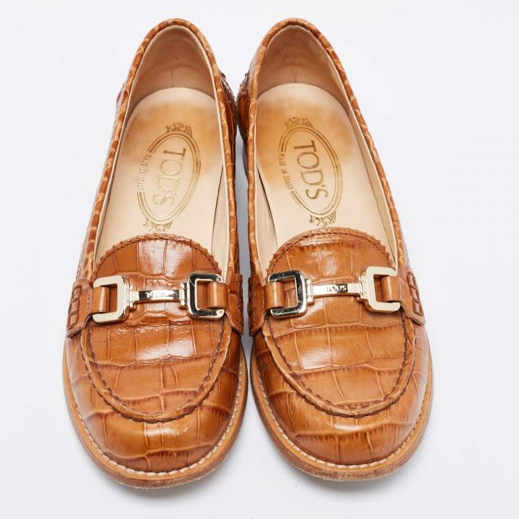 Pre Owned Tod's Brown Croc Embossed Leather Buckle Loafers Size 36