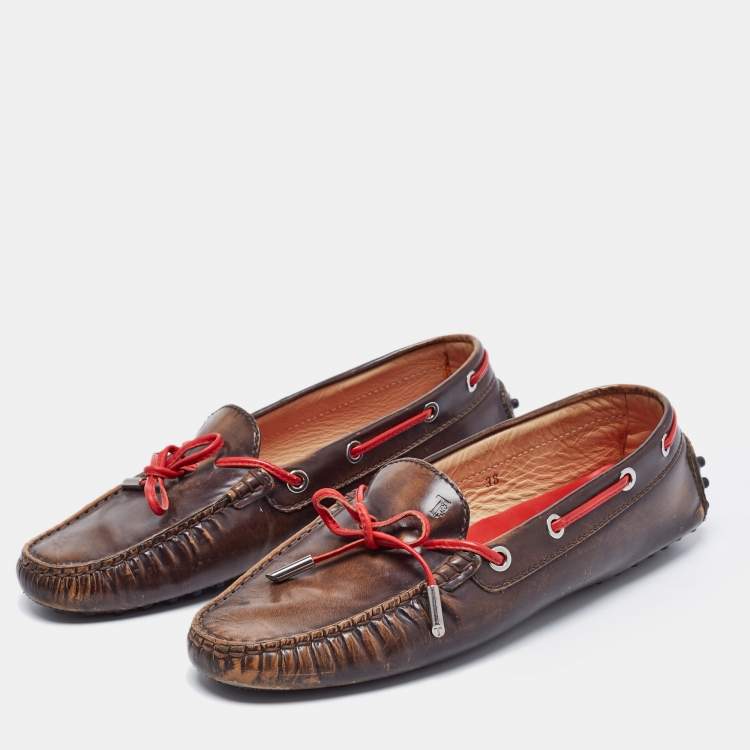 Pre Owned Tod's Brown Leather Bow Slip On Loafers Size 38