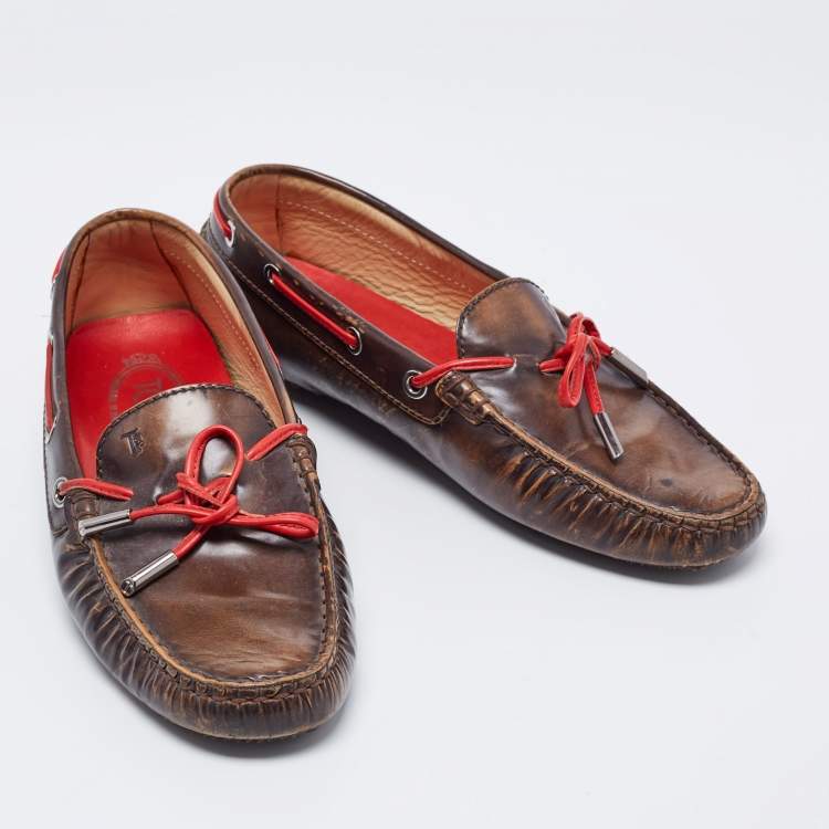 Pre Owned Tod's Brown Leather Bow Slip On Loafers Size 38